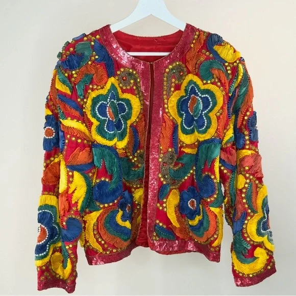 NEW Designer Sample Embroidered Jacket Colorful Boho Floral Statement Sz M - Picture 2 of 14